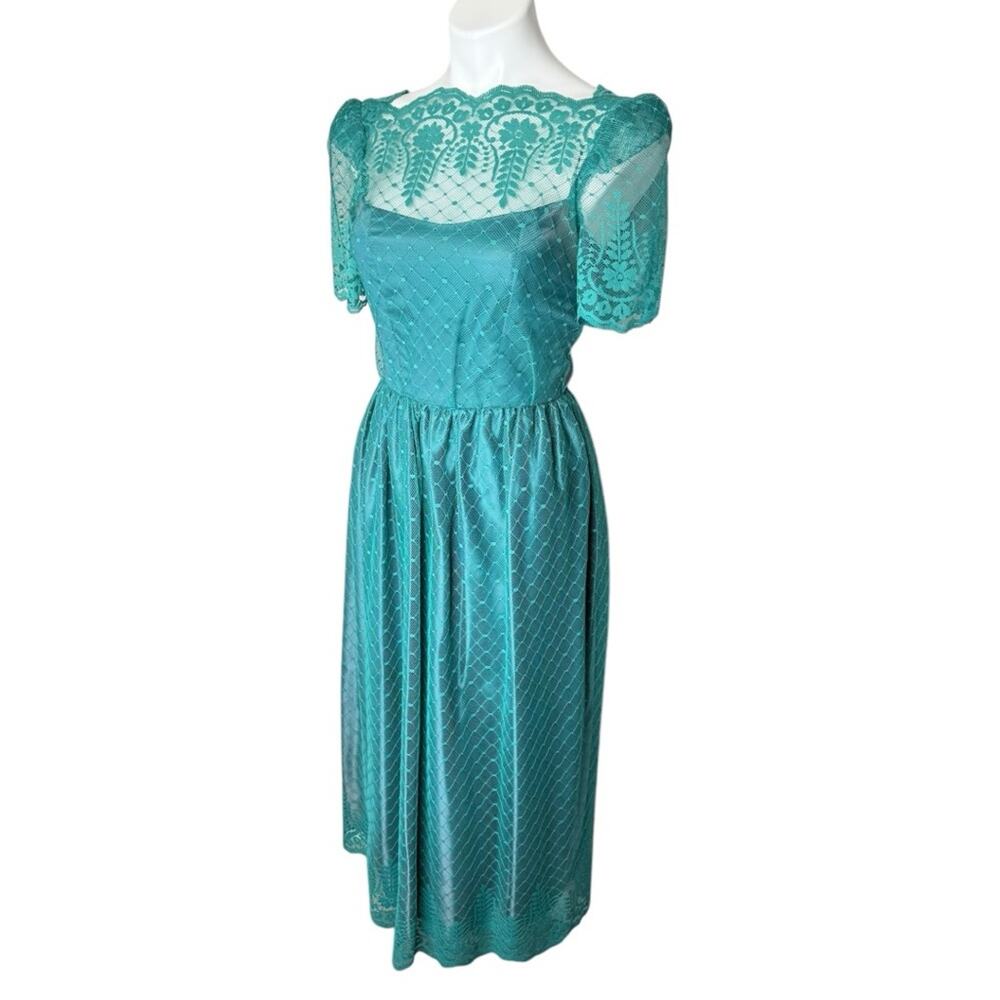 Vintage 80s formal dress lace dress teal green puff sleeve size XS